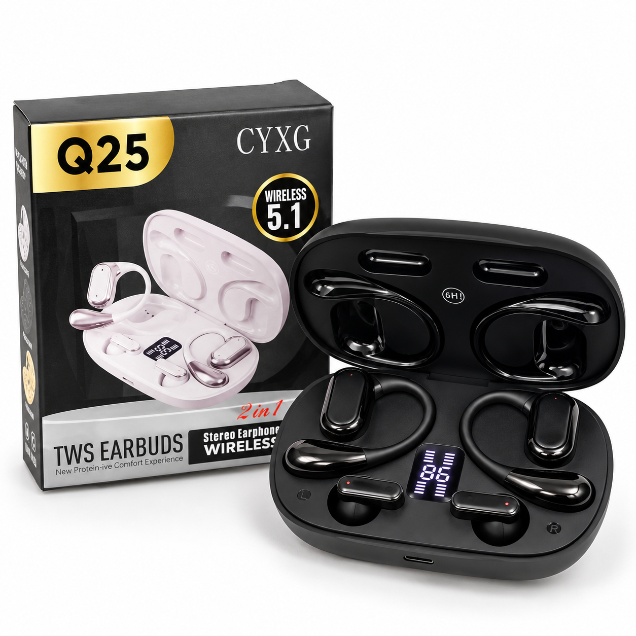Q25 2-in-1 Couple Soft Ear Hooks TWS Wireless Earbuds – LED Digital Display_img_4