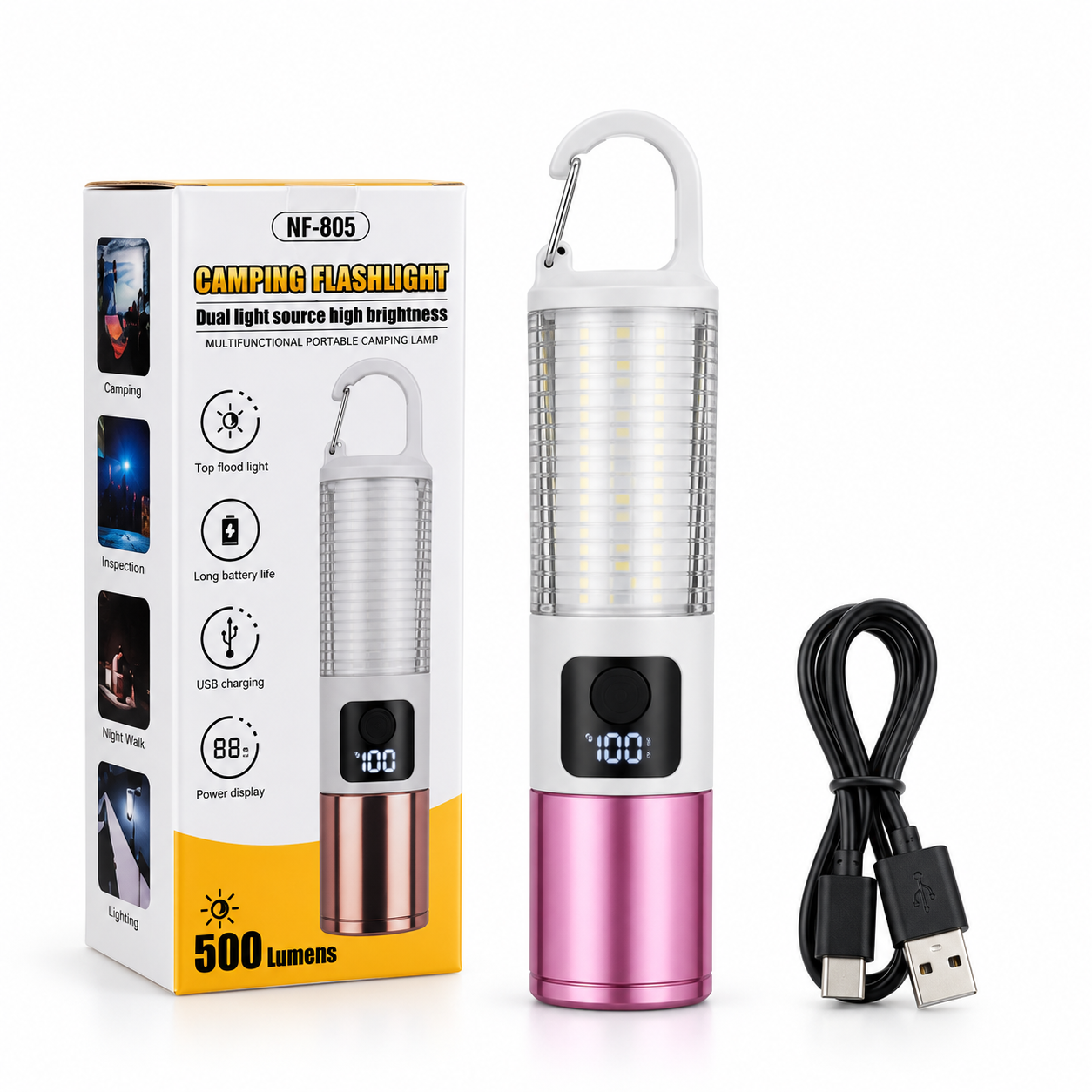Rechargeable LED Camping Flashlight – 500 Lumens Portable Tactical Torch with Big Floodlight, Digital Battery Display & USB Charging_img_2