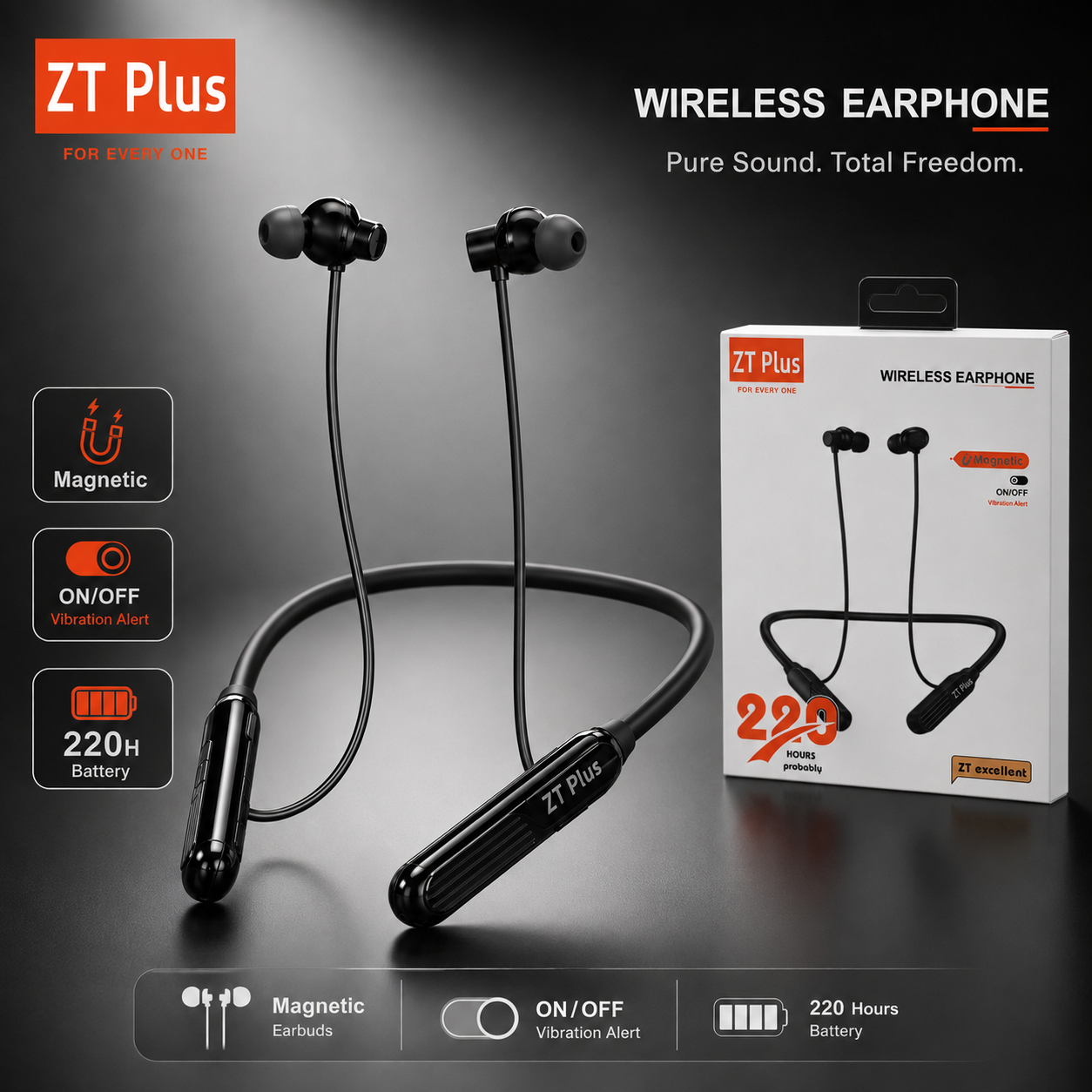 ZT Excellent Wireless Neckband Earphone – Bluetooth Headset with 220H Standby, Auto Power On/Off Detach Feature, Vibration Alert & Magnetic Earbuds_img_1