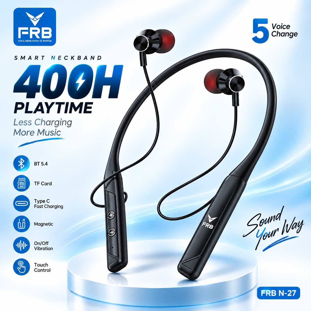 FRB N-27 Smart Wireless Neckband Earphone – Bluetooth 5.4 In-Ear Headset with 400H Battery Life, TF Card Slot, Type-C Fast Charging, Touch Control & Voice Change Feature_img_1