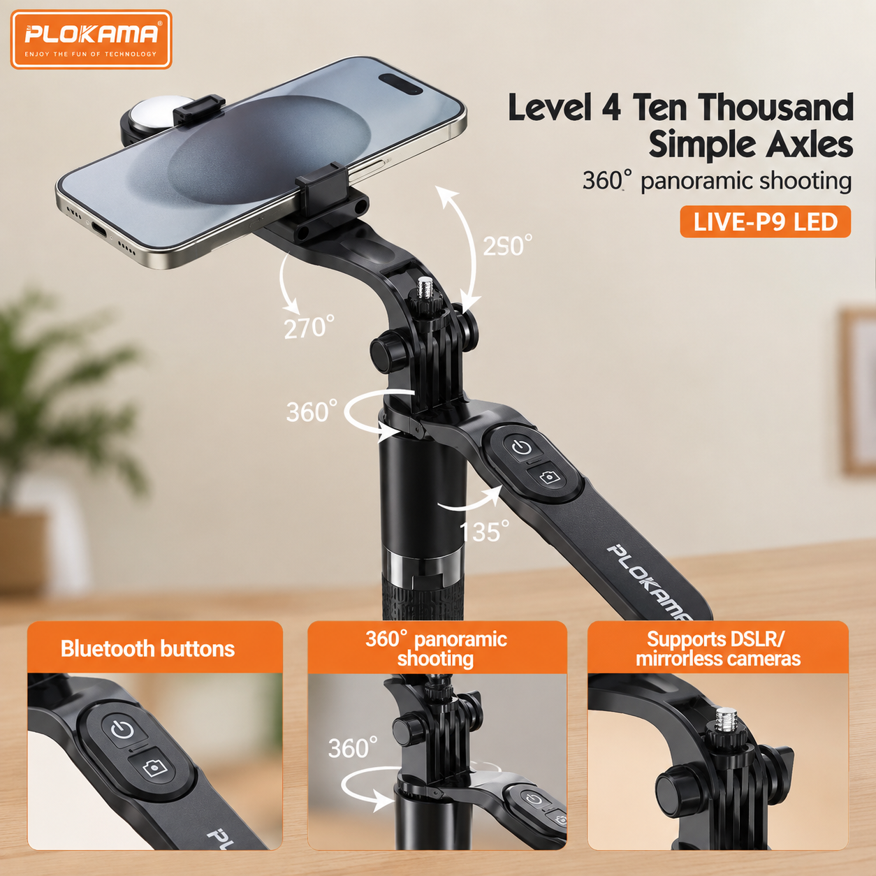 Plokama Live P9 Pro 4-in-1 Broadcast Stand – 6Ft Extendable Tripod with Rechargeable LED Light & Bluetooth Remote for Vlogging, Live Streaming & Content Creation_img_4