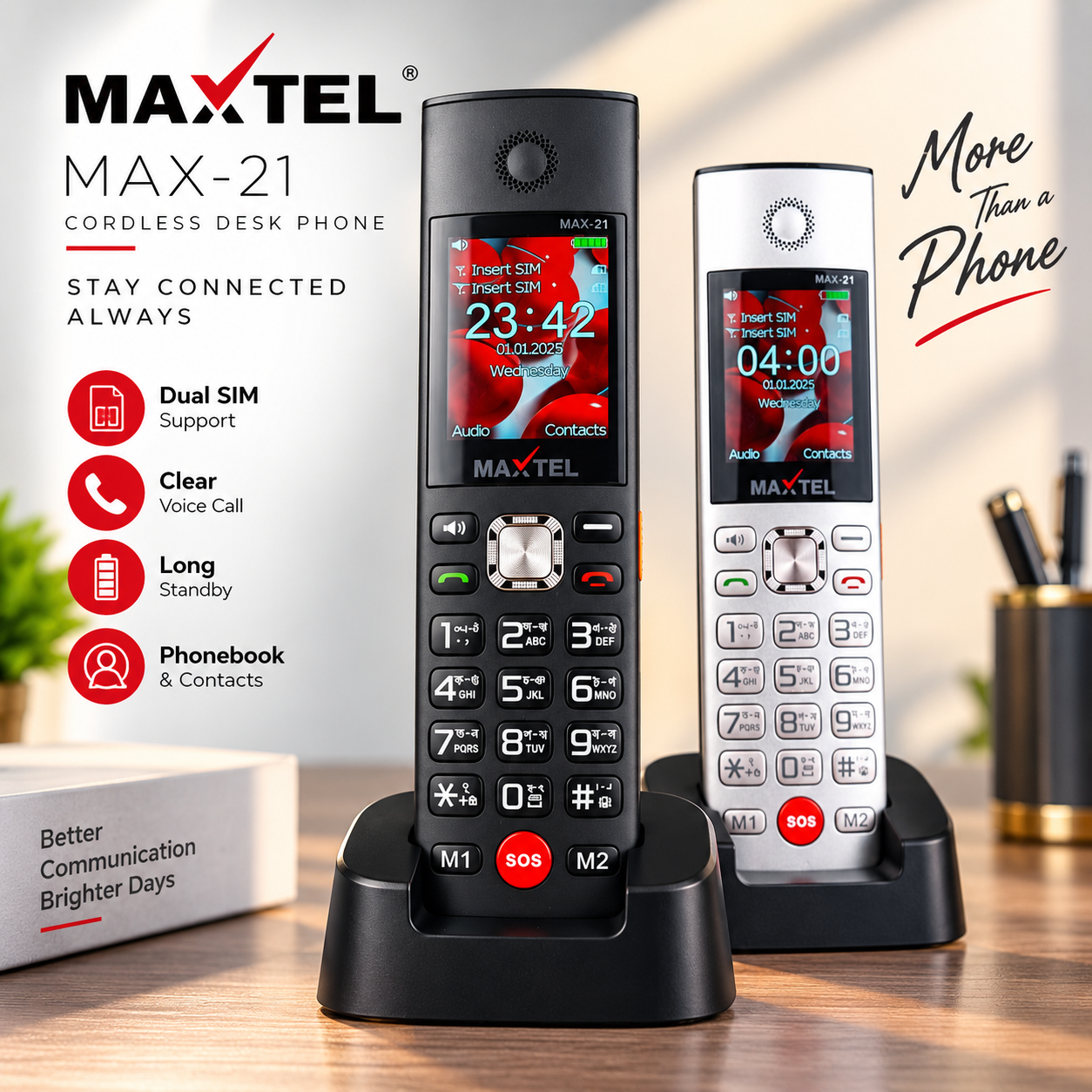 MAXTEL MAX21 Ultra Cordless Desk Phone – Dual SIM Feature Phone with 3000mAh Battery, Dock Charger, Type-C, SOS Emergency Button, Auto Call Recording & Wireless FM_img_1