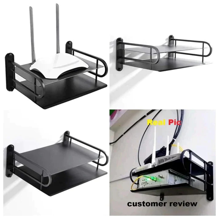 2-Layer Wall Mounted WiFi Router Stand & Storage Box – Black Aluminium Metal Set-Top Box Holder, Modem Shelf & Cable Organizer for Home and Office_img_3