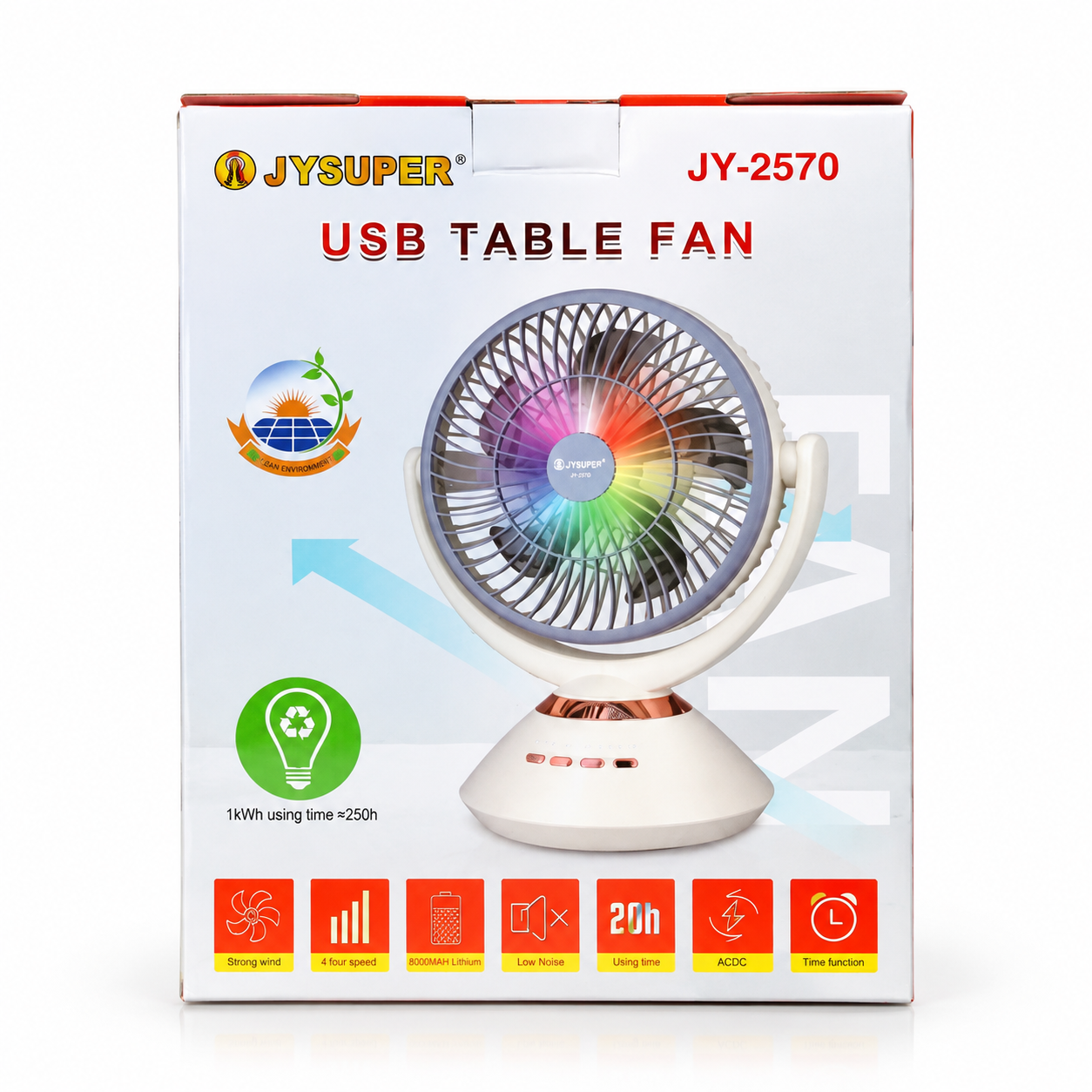 JYSUPER JY-2570 Rechargeable Stand/Table Fan with LED Light – 4 Speed Levels, 100° Auto Oscillation, 115° Tilt, Timer & Solar Panel Charging Support_img_3