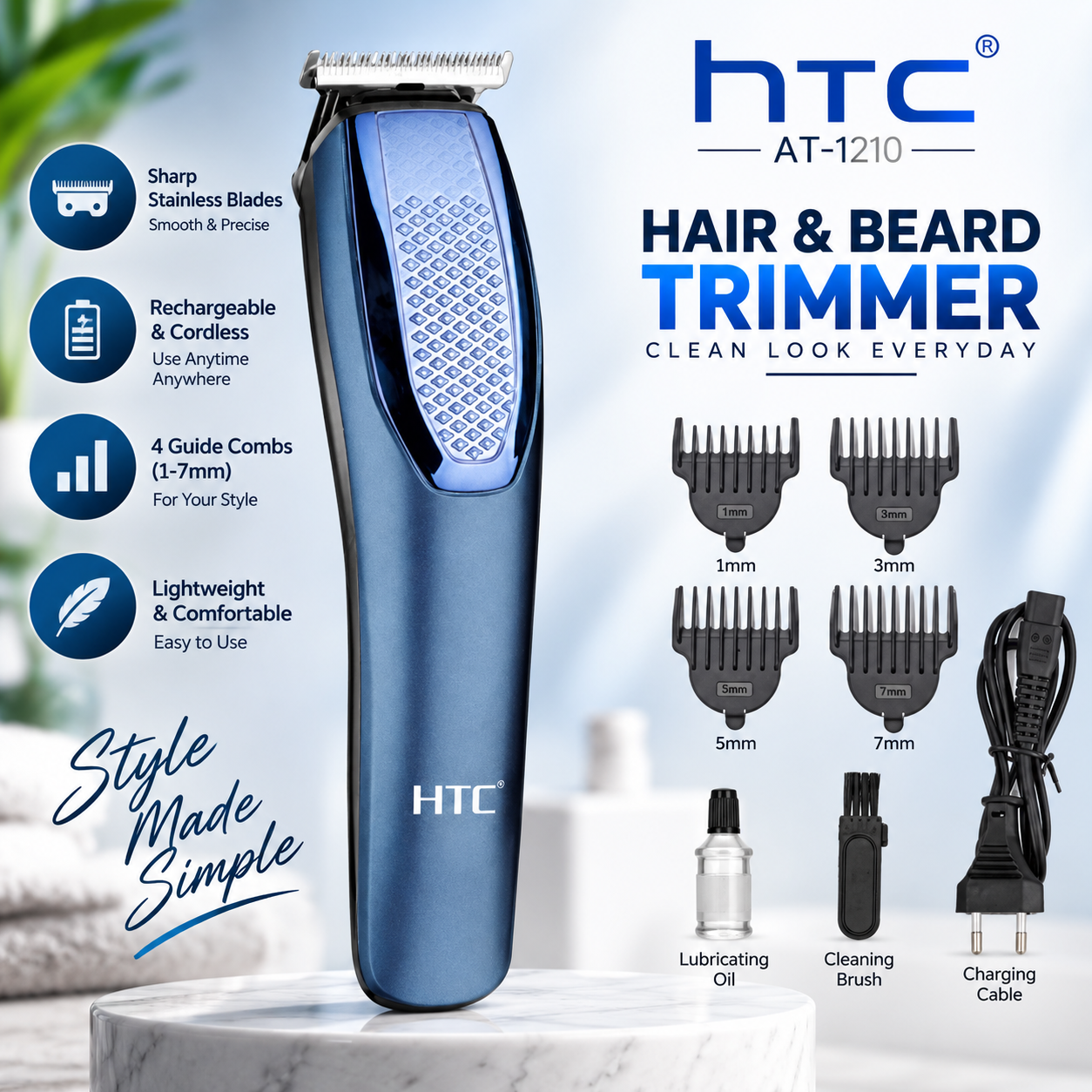 HTC AT-1210 Rechargeable Cordless Beard & Hair Trimmer (Blue) – Dual Battery Support, 4 Clipper Attachments & 45-Min Runtime Grooming Kit_img_1