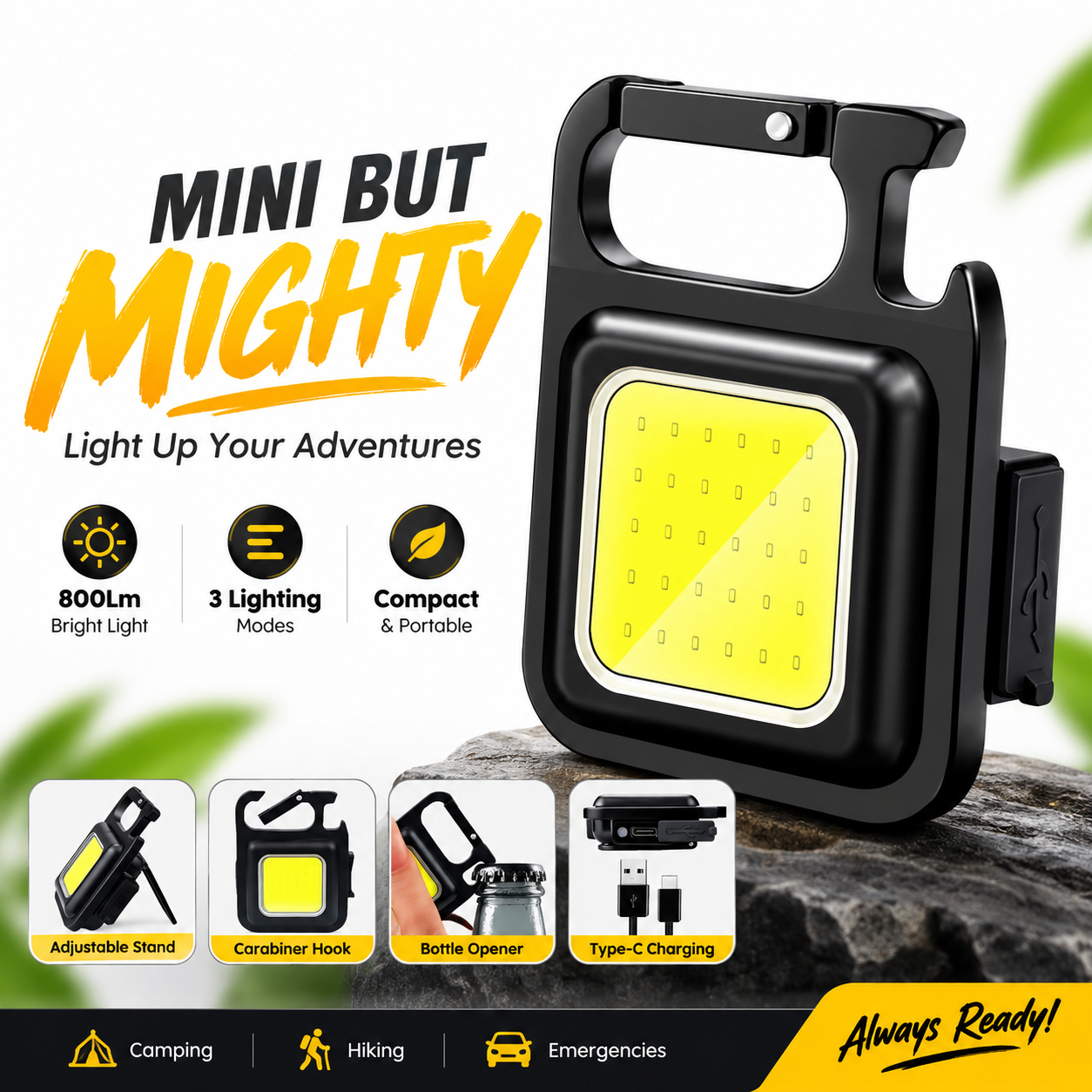 GEBSKIB 800 Lumen COB LED Keychain Work Light – Ultra-Bright Portable Mini Flashlight with 3 Lighting Modes, Magnetic Suction, Bottle Opener & Type-C Rechargeable Aluminum Design_img_1