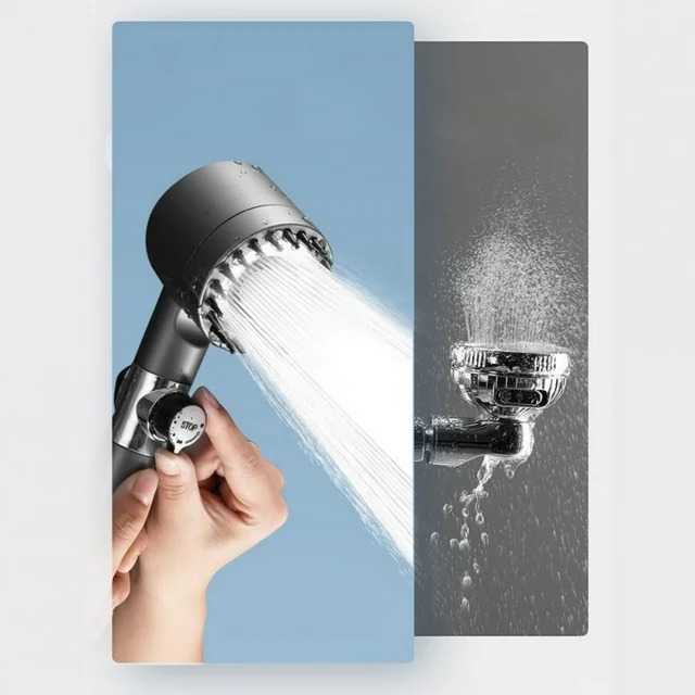 Turbocharged Shower Head – High-Pressure Propeller Bath Shower with PP Cotton Filter, Silicone Massage Brushes, Water Saving Stop Button & 360° Rotation_img_4