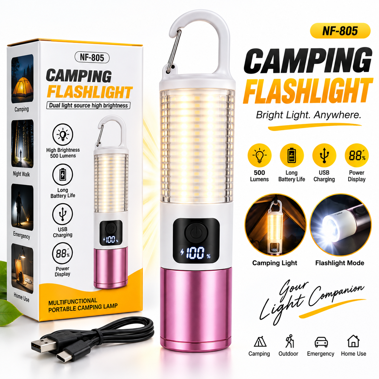 Rechargeable LED Camping Flashlight – 500 Lumens Portable Tactical Torch with Big Floodlight, Digital Battery Display & USB Charging_img_1