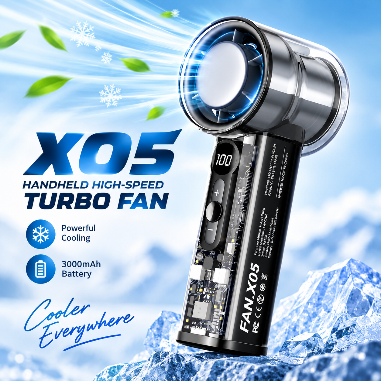 X05 Handheld High-Speed Turbo Cooling Fan – 3000mAh Battery, Ice Cooling Technology, 1-100 Stepless Speed Control, Digital LED Display & Transparent Design_img_1