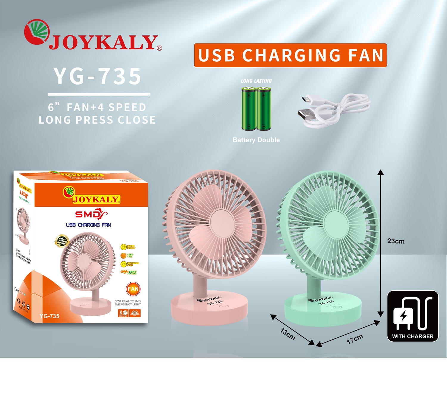 Joykaly YG-735 Rechargeable Portable Desk Fan – 2400mAh Lithium Battery, 3-8 Hours Backup, 90° Adjustable Angle, 3-Blade Cooling Fan for Home & Office_img_5