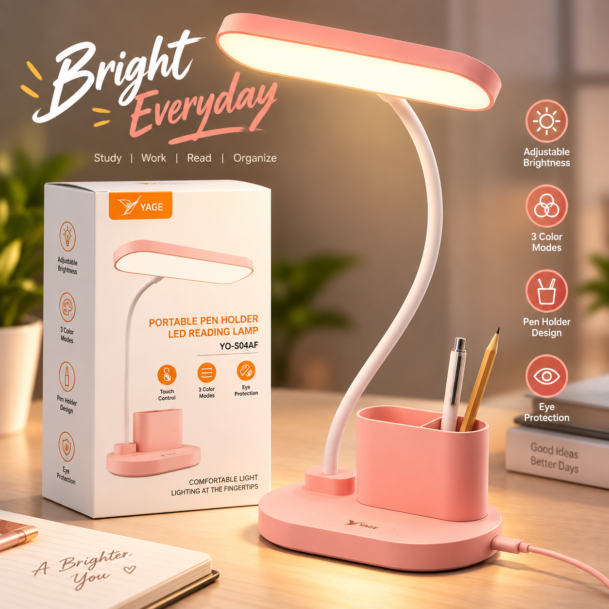 YAGE YG-8044F Portable Pen Holder LED Reading Lamp – Rechargeable Touch Control Desk Light with 1500mAh Battery, Adjustable Color Temperature & Flexible Hose Design_img_1