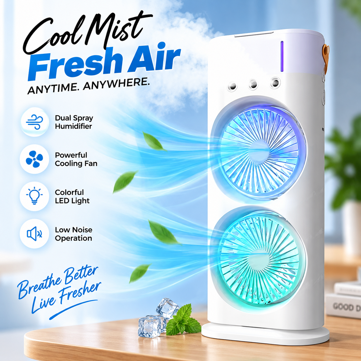 FADIUMS Portable Double-Ended Spray Fan with Humidifier – 600ml Water Tank, 3-Speed Cooling Fan, Built-in Multi-Color LED & USB Type-C Desktop Cooling Fan_img_1