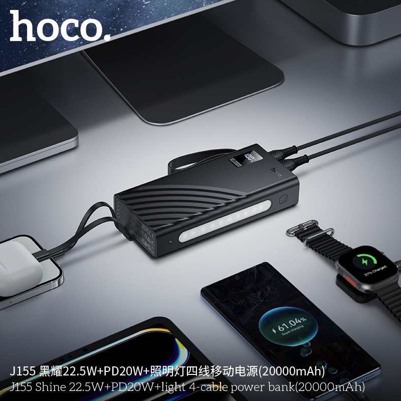Hoco J155 Shine 20000mAh 22.5W & PD 20W Fast Charging Power Bank – 4 Built-in Cables (Type-C, Lightning, Micro, USB-A), 6 Outputs, Built-in LED Emergency Light & Digital Display_img_4