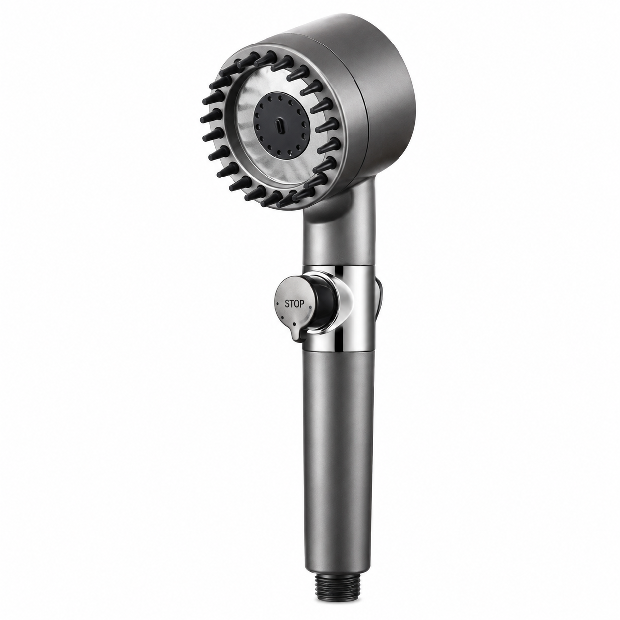 Turbocharged Shower Head – High-Pressure Propeller Bath Shower with PP Cotton Filter, Silicone Massage Brushes, Water Saving Stop Button & 360° Rotation_img_2