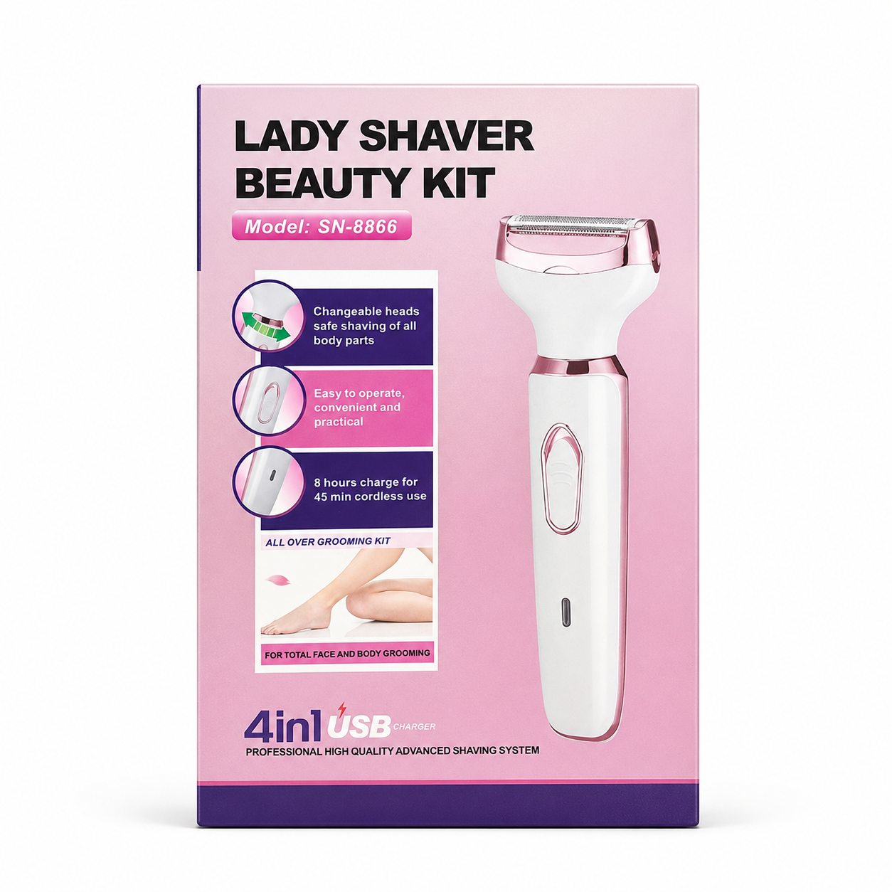4-in-1 Rechargeable Lady Shaver & Hair Removal Beauty Kit – Painless Electric Razor, Eyebrow, Nose & Body Hair Trimmer with USB Charging & Portable Rose Gold Design_img_4