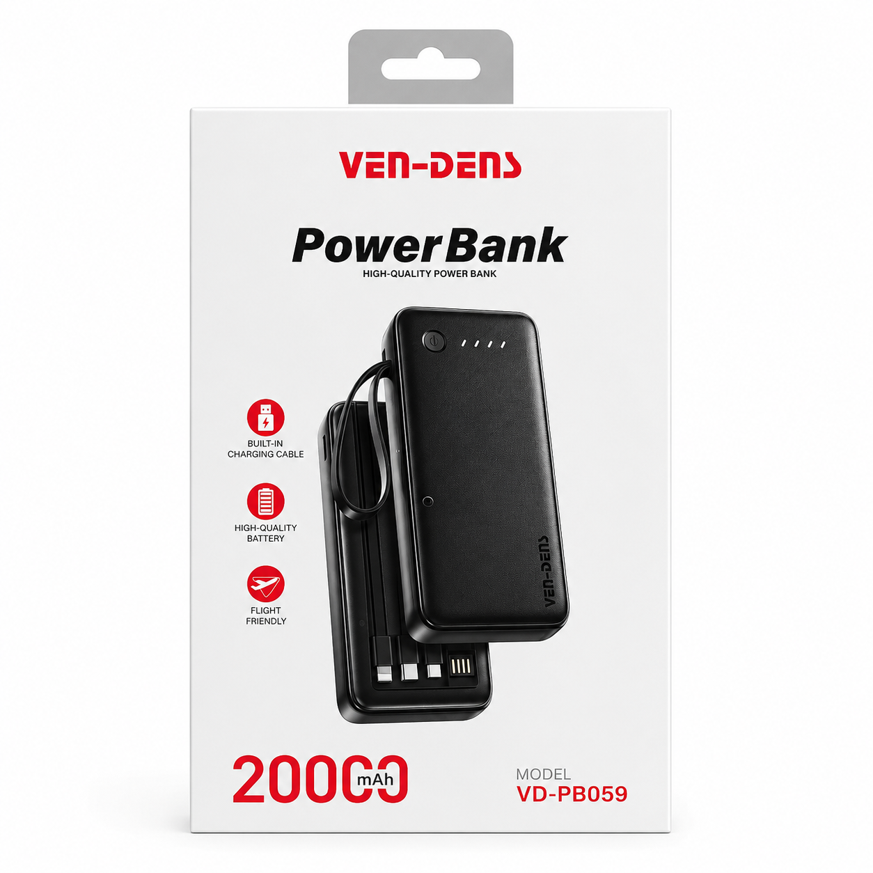VEN-DENS VD-PB059 20000mAh Power Bank – Portable Charger with Built-in Type-C, Micro & Lightning Cables, LED Indicator & Flight-Friendly Design_img_2