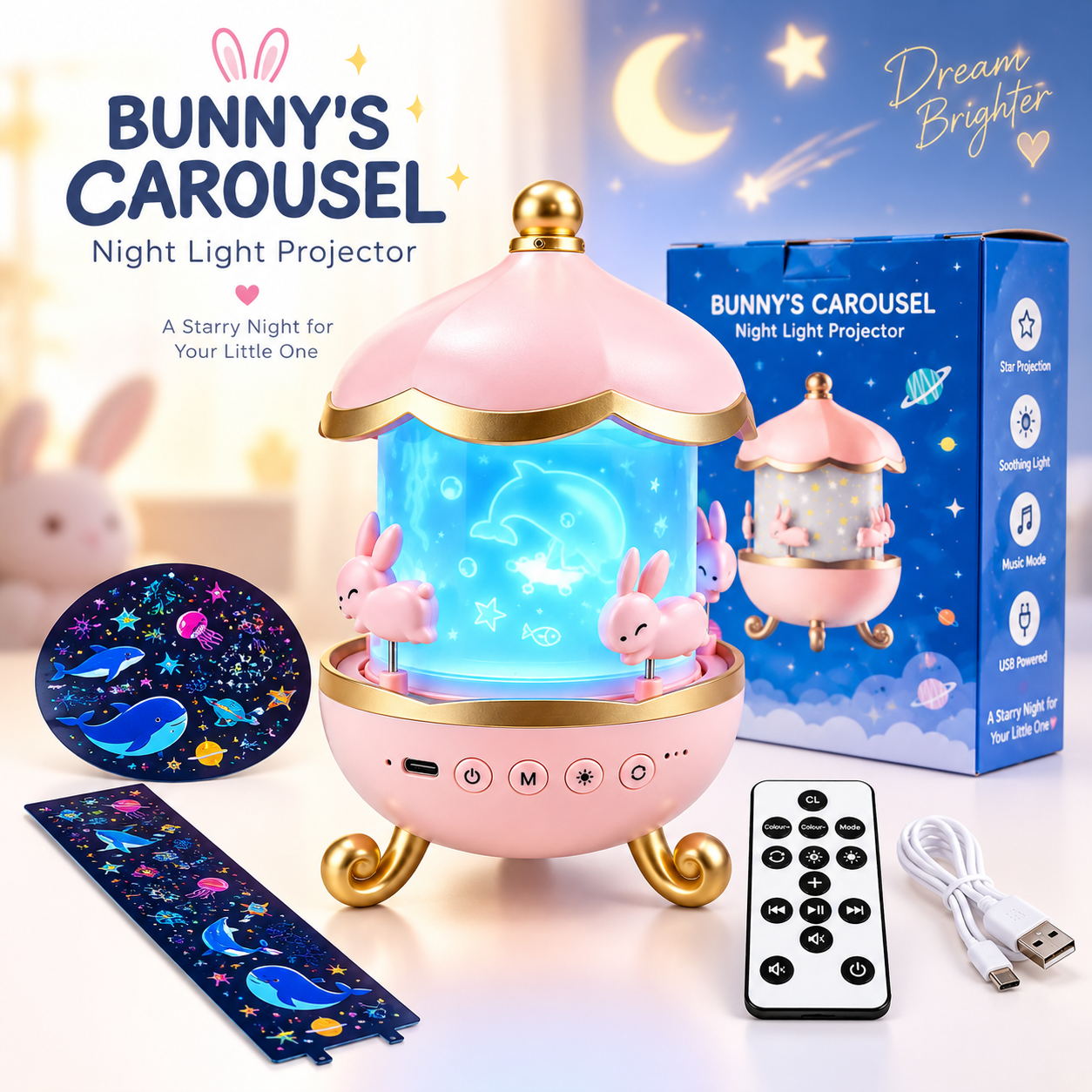Bunny Carousel Night Light Projector – Rotating LED Star & Galaxy Projection Lamp with 6 Themes, 5 Color Patterns & Adjustable Brightness for Kids Room & Nursery Decor_img_6