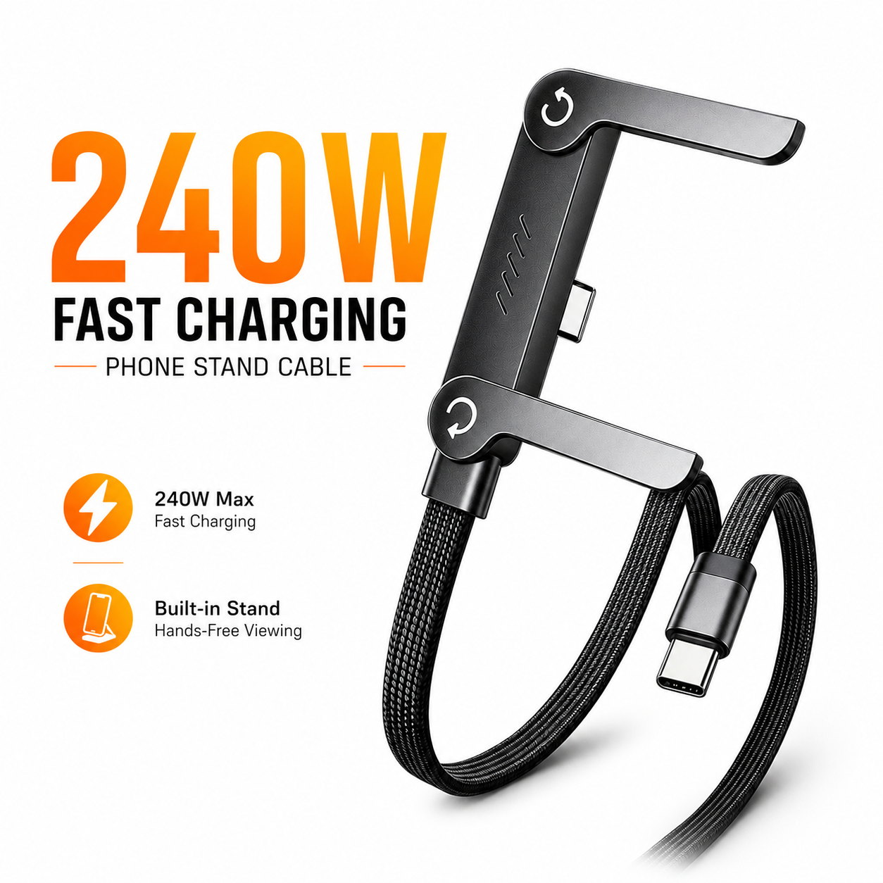 240W 5A Fast Charging & Sync USB-C to USB-C Cable – Braided Cord with Built-in Folding Phone Stand for Landscape & Portrait Viewing_img_1