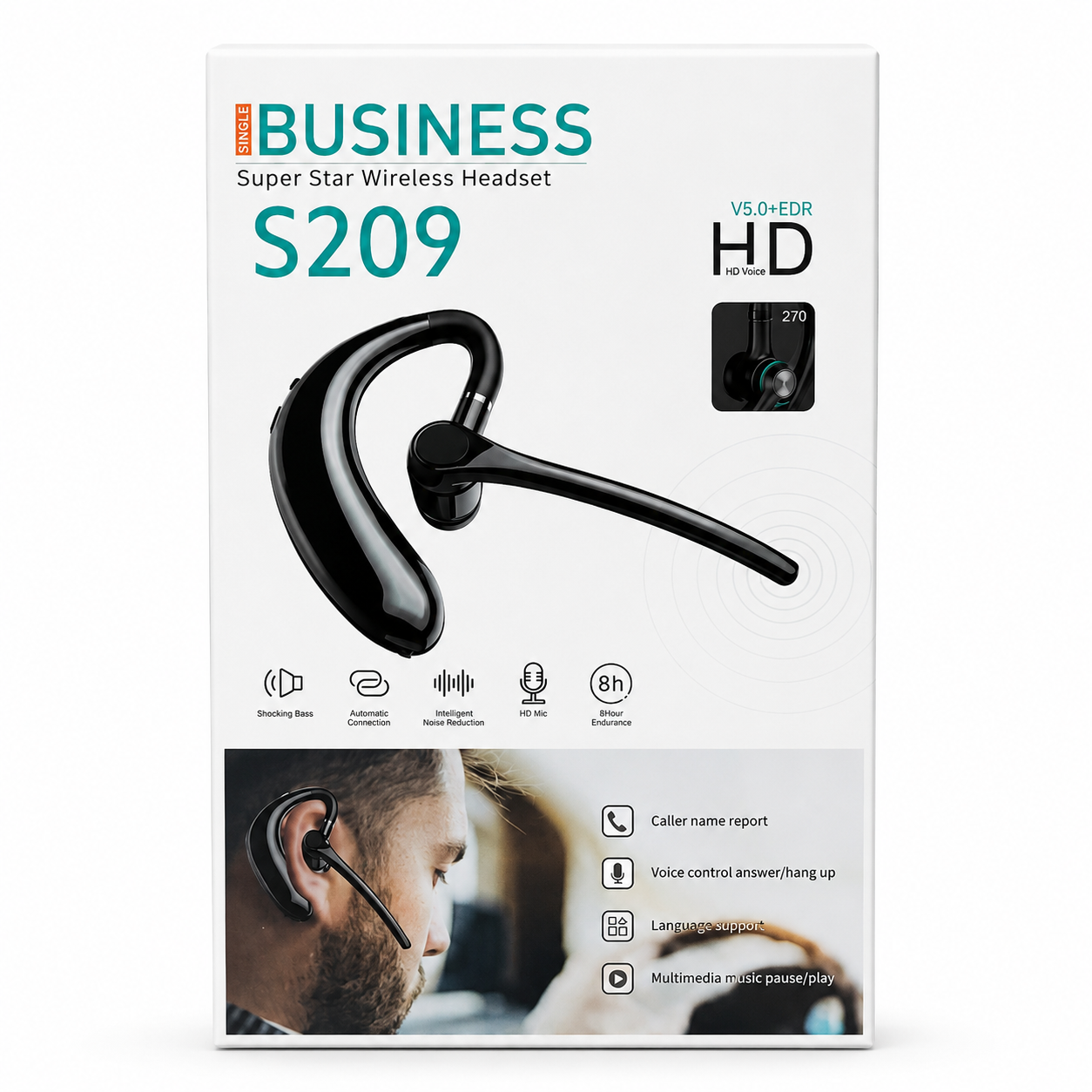 Business Super Star S209 Single Wireless Headset – Bluetooth V5.0 with 270° Rotatable Earhook, HD Mic, Intelligent Noise Reduction & 8H Battery_img_3