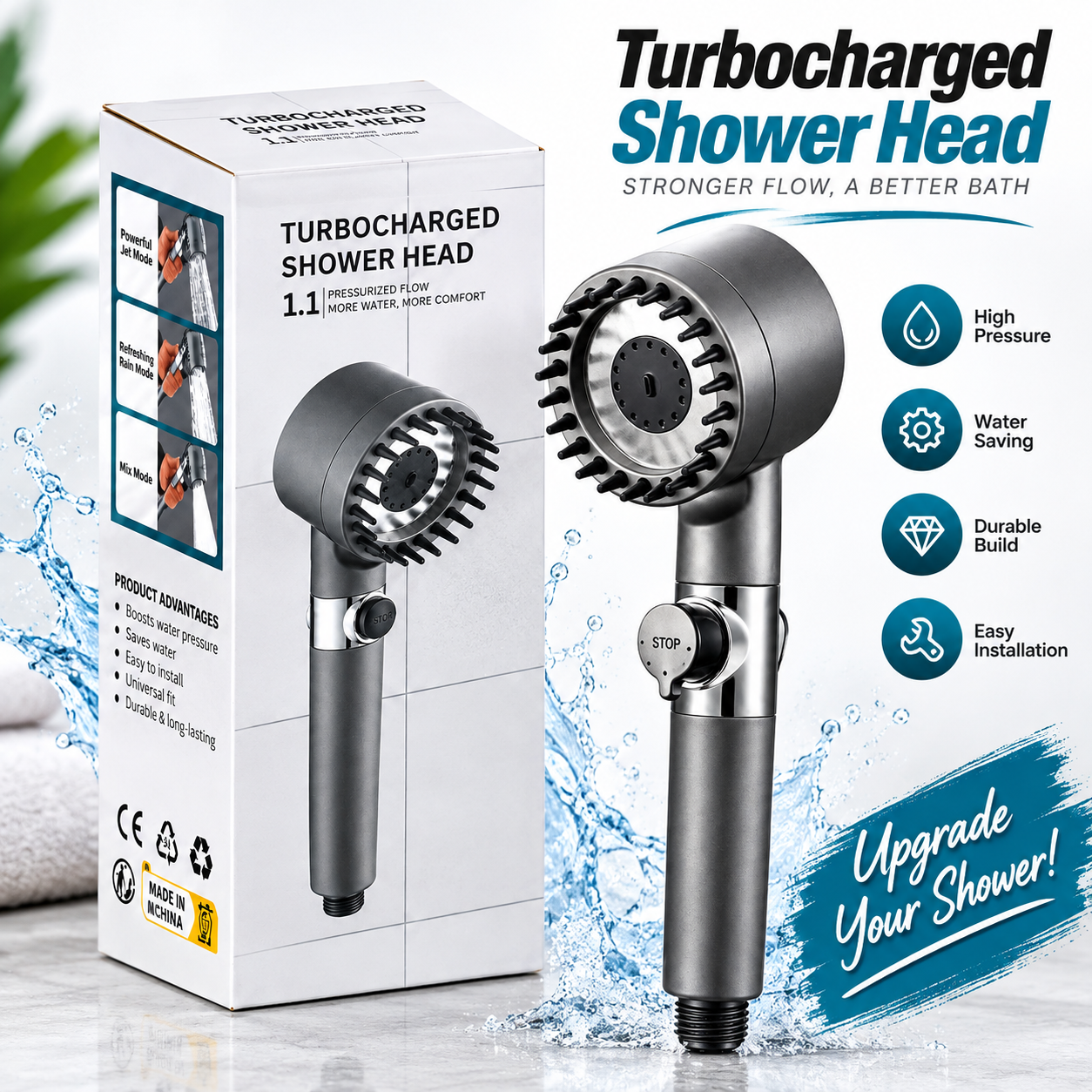 Turbocharged Shower Head – High-Pressure Propeller Bath Shower with PP Cotton Filter, Silicone Massage Brushes, Water Saving Stop Button & 360° Rotation_img_1