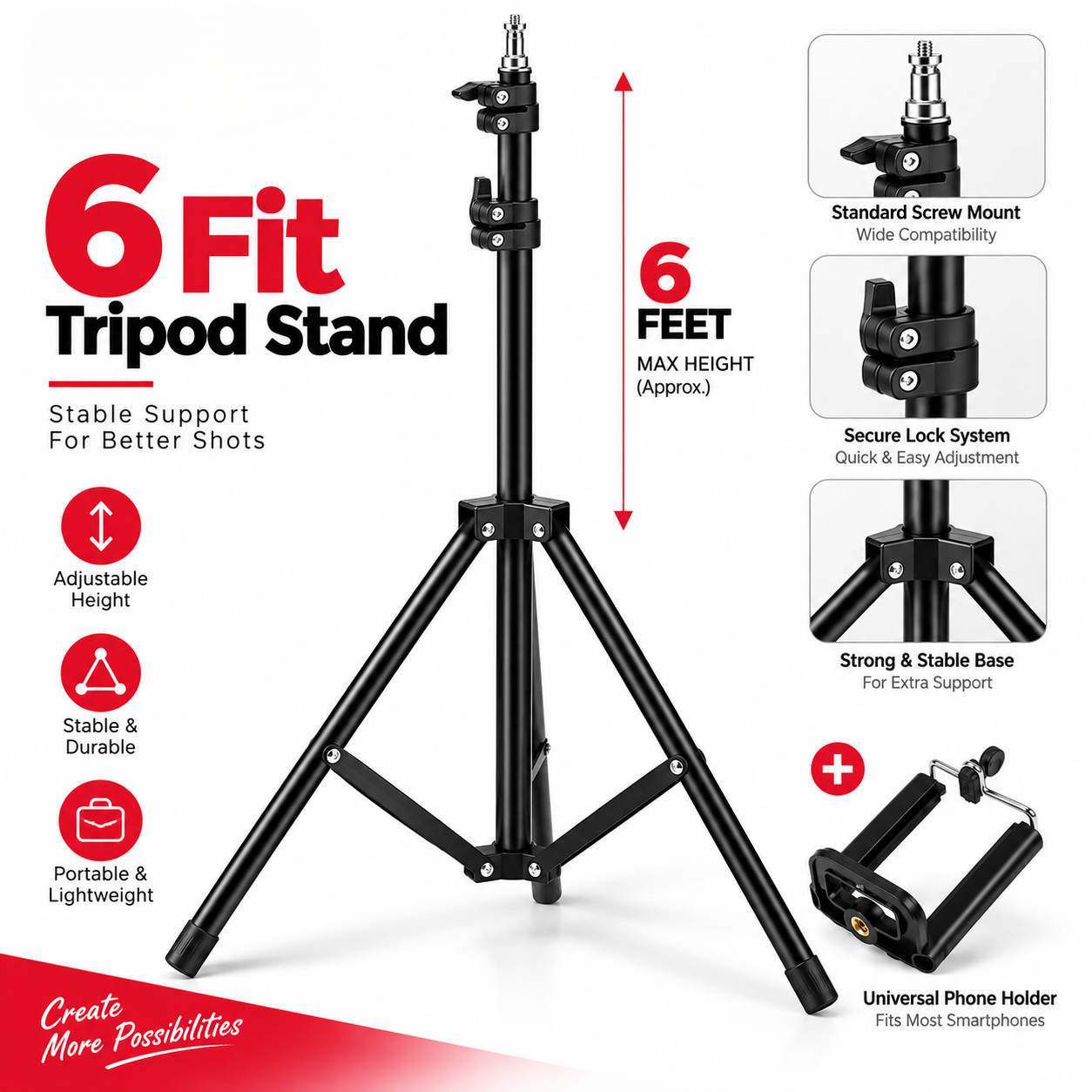 6 Ft Professional Aluminum Light Stand – Adjustable Studio Tripod with Screw Locking System, Quick Release Levers & 3.2kg Load Capacity for Photography & Vlogging_img_3