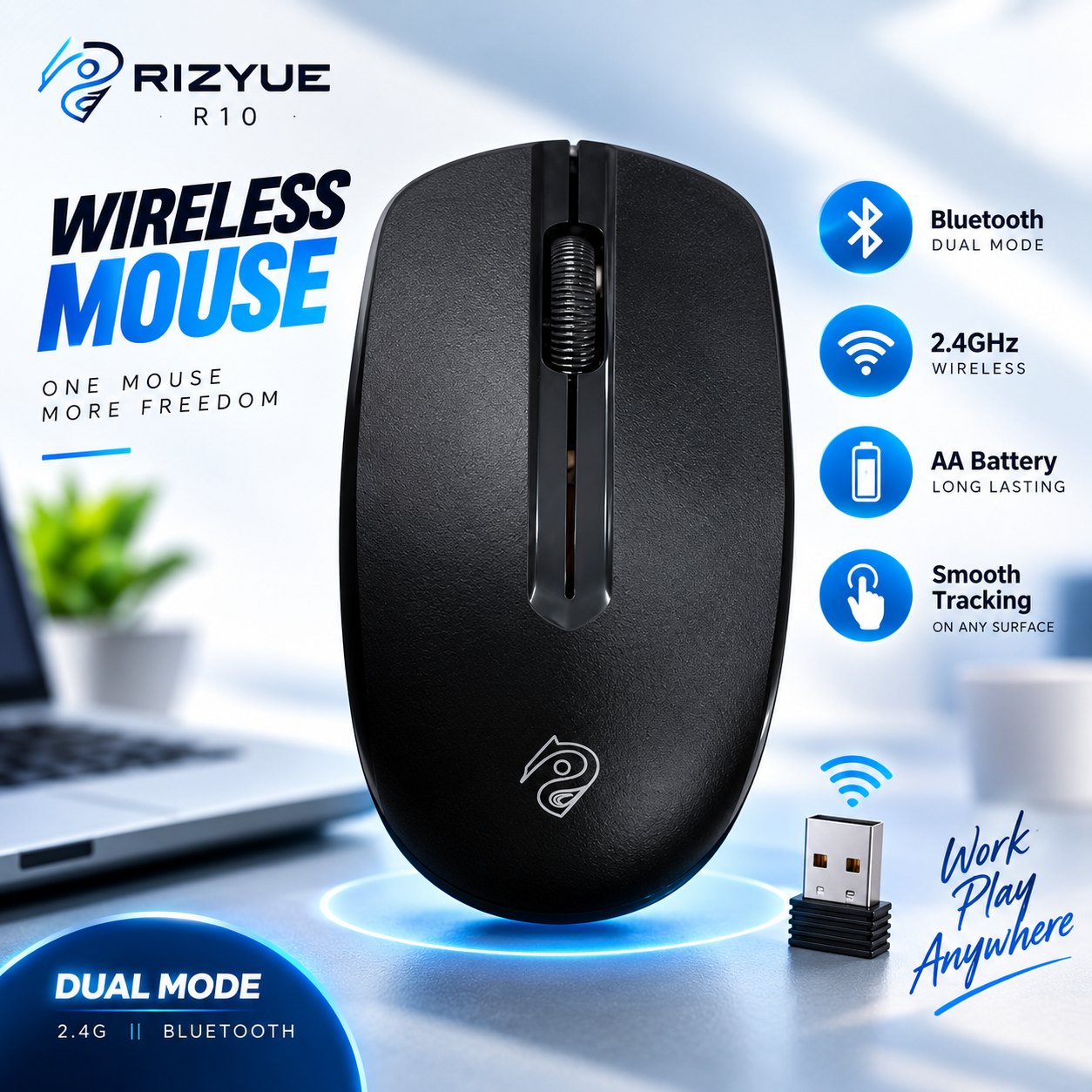 Rizyue R10 Dual-Mode Wireless Mouse (2.4GHz & Bluetooth) – Ultra-Lightweight 45.2g, 3000 DPI Precision Sensor, 3-Button Layout, 3 Million Clicks Durability & Universal Compatibility_img_1