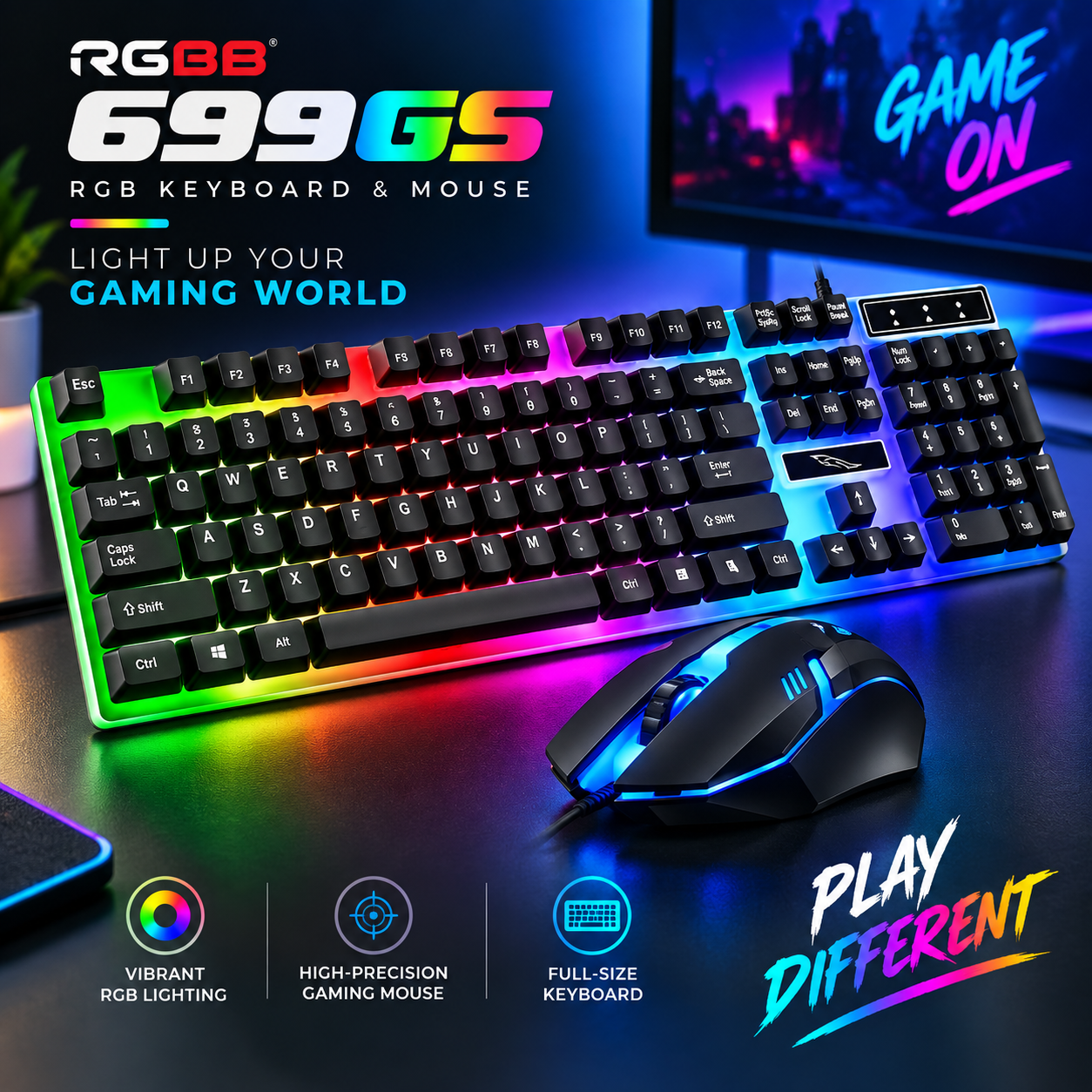 RGBB 699GS RGB USB Wired Gaming Keyboard and Mouse Combo – Standard Multifunctional Keyboard with Vibrant RGB Backlighting, Fashion Design & Laptop Compatibility_img_1