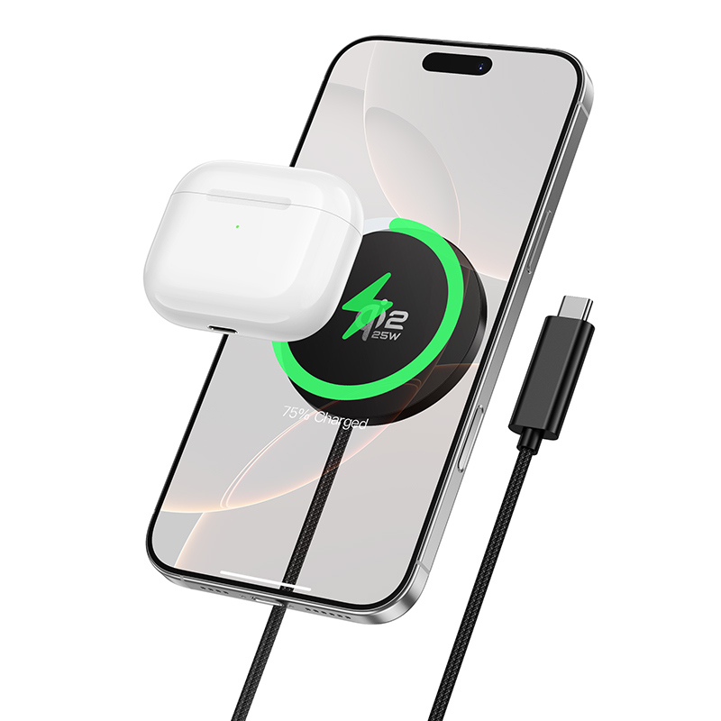 Hoco CW63 Pro Qi2.2 Ultra-Thin Magnetic Wireless Charger – 25W Fast Wireless Charging Pad with Built-in 1.2m USB-C Cable, Aluminum Alloy Build & Strong Magnet_img_2