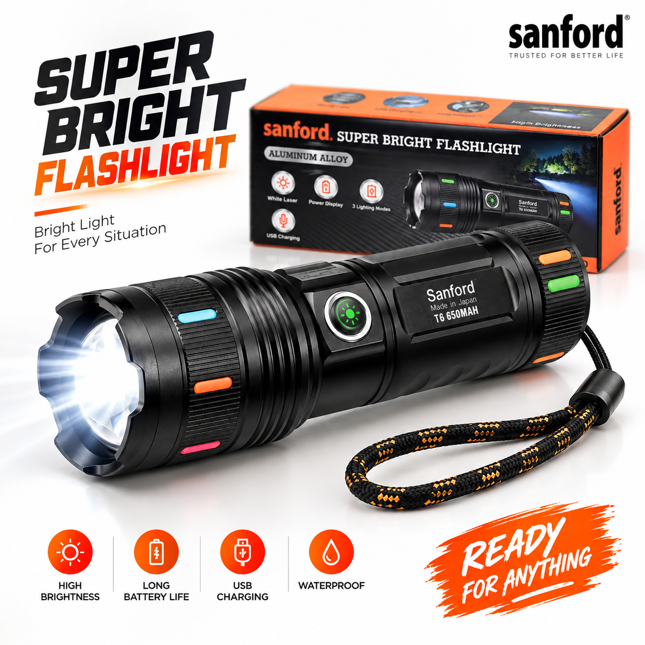 Sanford Super Bright White Laser LED Flashlight – Made in Japan High-Power Tactical Torch with 18650mAh Battery, Digital Display, Power Bank & Type-C Charging_img_1