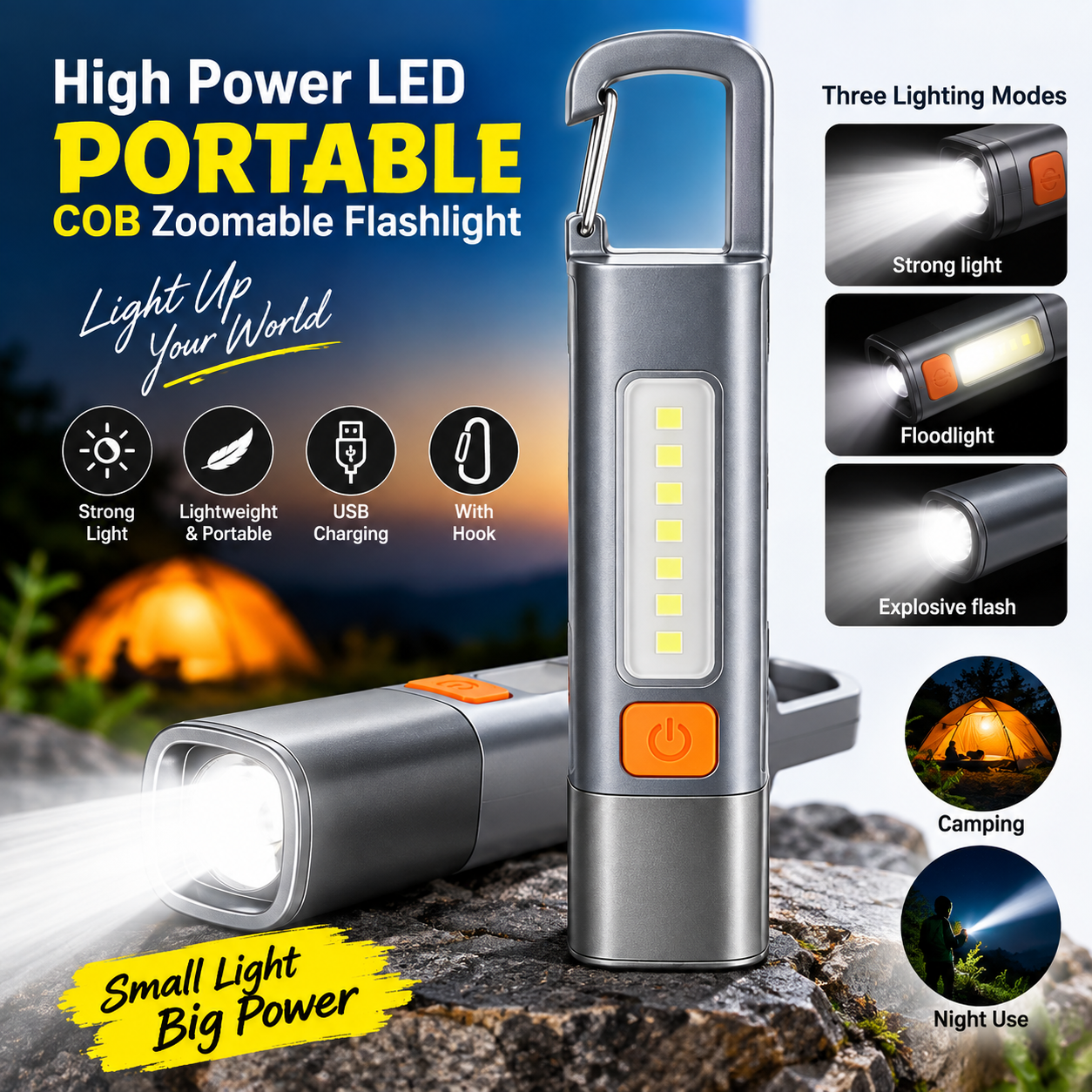 High Power LED Portable COB Zoomable Flashlight – USB Rechargeable Waterproof Mini Torch with Multi-Bright Modes, Backup Battery & Adjustable Focus for Outdoor & Emergency_img_1