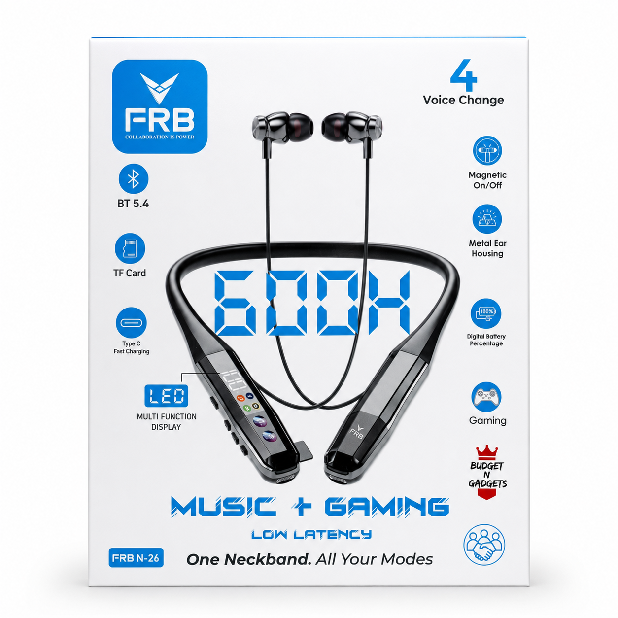 FRB N-26 Wireless Bluetooth 5.4 Neckband Earphone - 600 Hours Standby_img_4