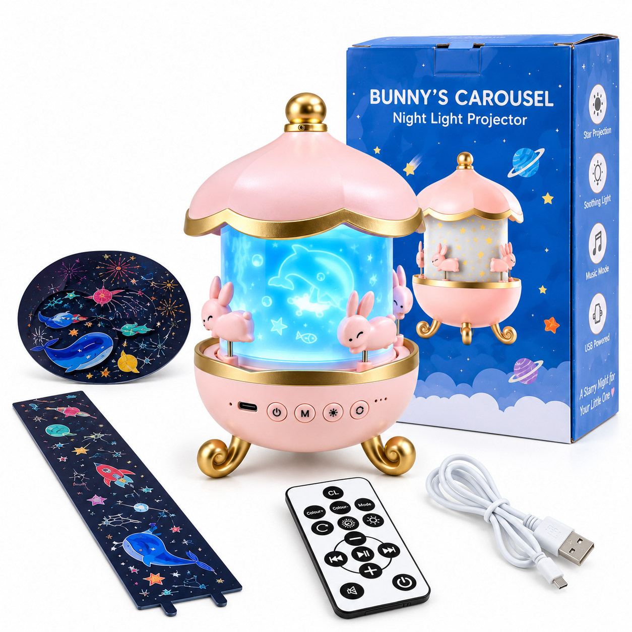 Bunny Carousel Night Light Projector – Rotating LED Star & Galaxy Projection Lamp with 6 Themes, 5 Color Patterns & Adjustable Brightness for Kids Room & Nursery Decor_img_5