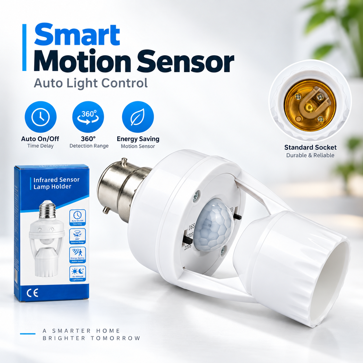 Intelligent Motion Sensor Lamp Holder – E27 Radar & Infrared Automatic Light Socket with 360° Detection, Adjustable Time-Delay & 200W Load Capacity_img_1