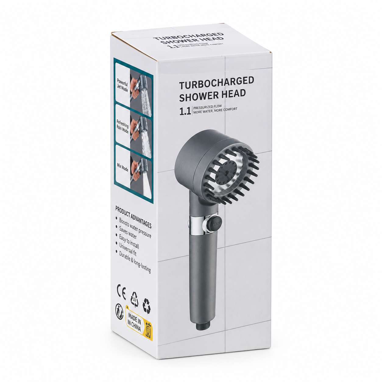 Turbocharged Shower Head – High-Pressure Propeller Bath Shower with PP Cotton Filter, Silicone Massage Brushes, Water Saving Stop Button & 360° Rotation_img_3