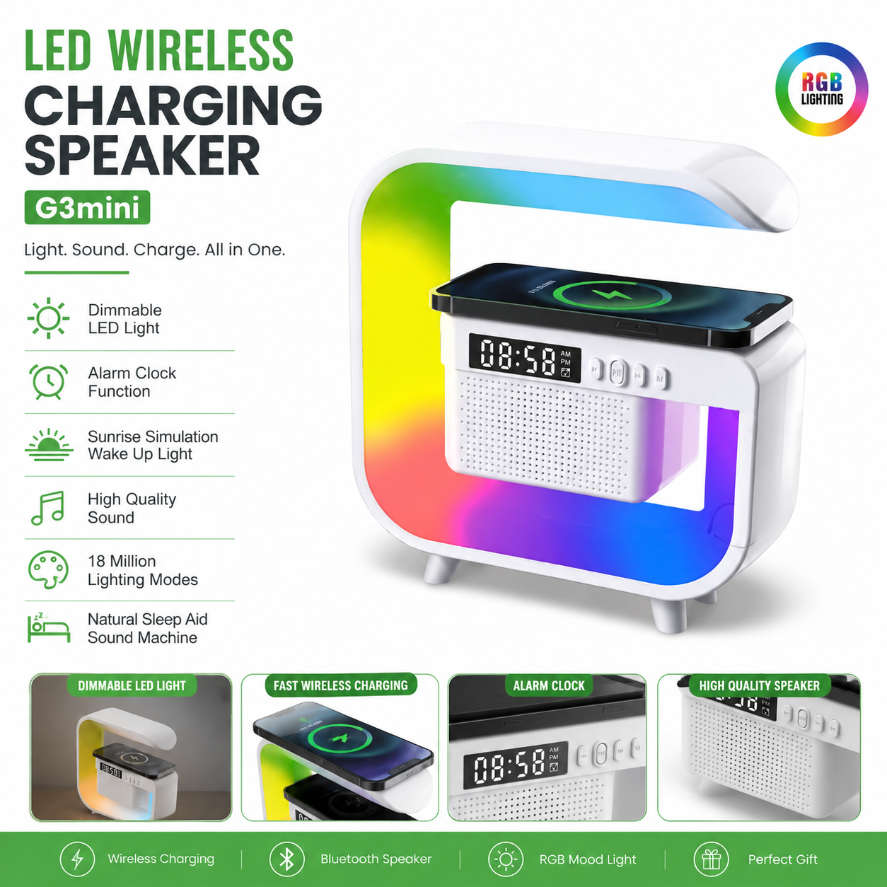 G3 Mini Smart Light Bluetooth Speaker – Multifunctional RGB Night Light with Wireless Charger, Digital Alarm Clock, Sunrise Simulation & Natural Sleep Sound Machine_img_4