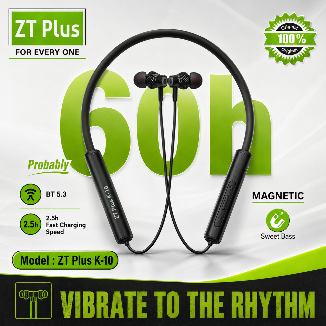 ZT Plus K-10 Wireless Bluetooth Neckband Earphone – Bluetooth 5.3 Headset with 60H Battery Life, Sweet Bass, 2.5H Fast Charging & Magnetic Earbuds_img_1