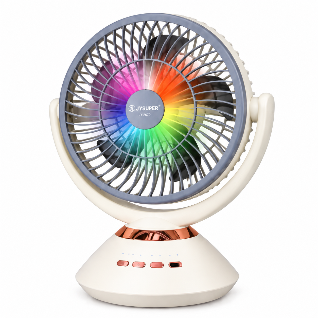 JYSUPER JY-2570 Rechargeable Stand/Table Fan with LED Light – 4 Speed Levels, 100° Auto Oscillation, 115° Tilt, Timer & Solar Panel Charging Support_img_2