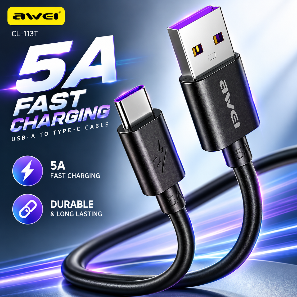 Awei CL-113T USB-A to Type-C 5A Fast Charging Cable – 30CM Short Portable Data & Power Cable with Huawei SuperCharge Support for Android Devices_img_1
