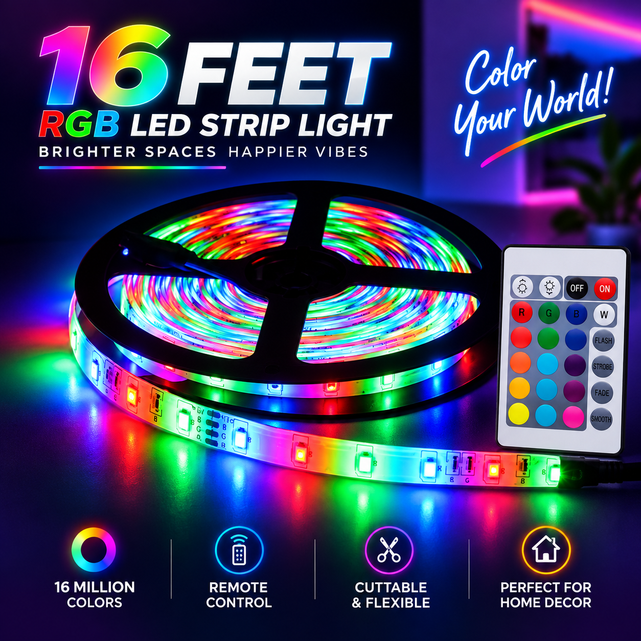 16 Feet RGB Remote Control LED Strip Light – Color Changing Flexible Strip with Flash, Strobe & Smooth Modes for TV Backlight, Gaming Setup & Room Decor_img_1