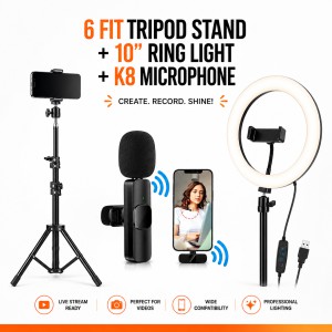 6 Ft Tripod Stand, 10" LED Ring Light & K8 Wireless Microphone Combo – Professional Content Creation & Vlogging Kit with 65ft Range, Adjustable Stand & Phone Cradle_img_0