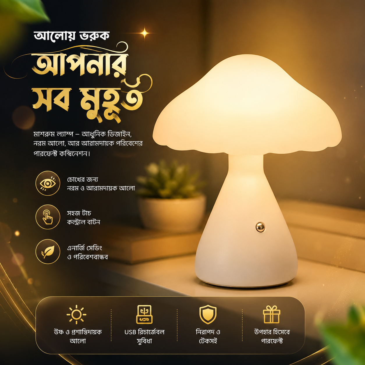 Rechargeable LED Mushroom Desk & Table Lamp – Cordless Touch Control Dimmable Ambient Night Light with Type-C USB Charging for Bedroom & Home Decor_img_1