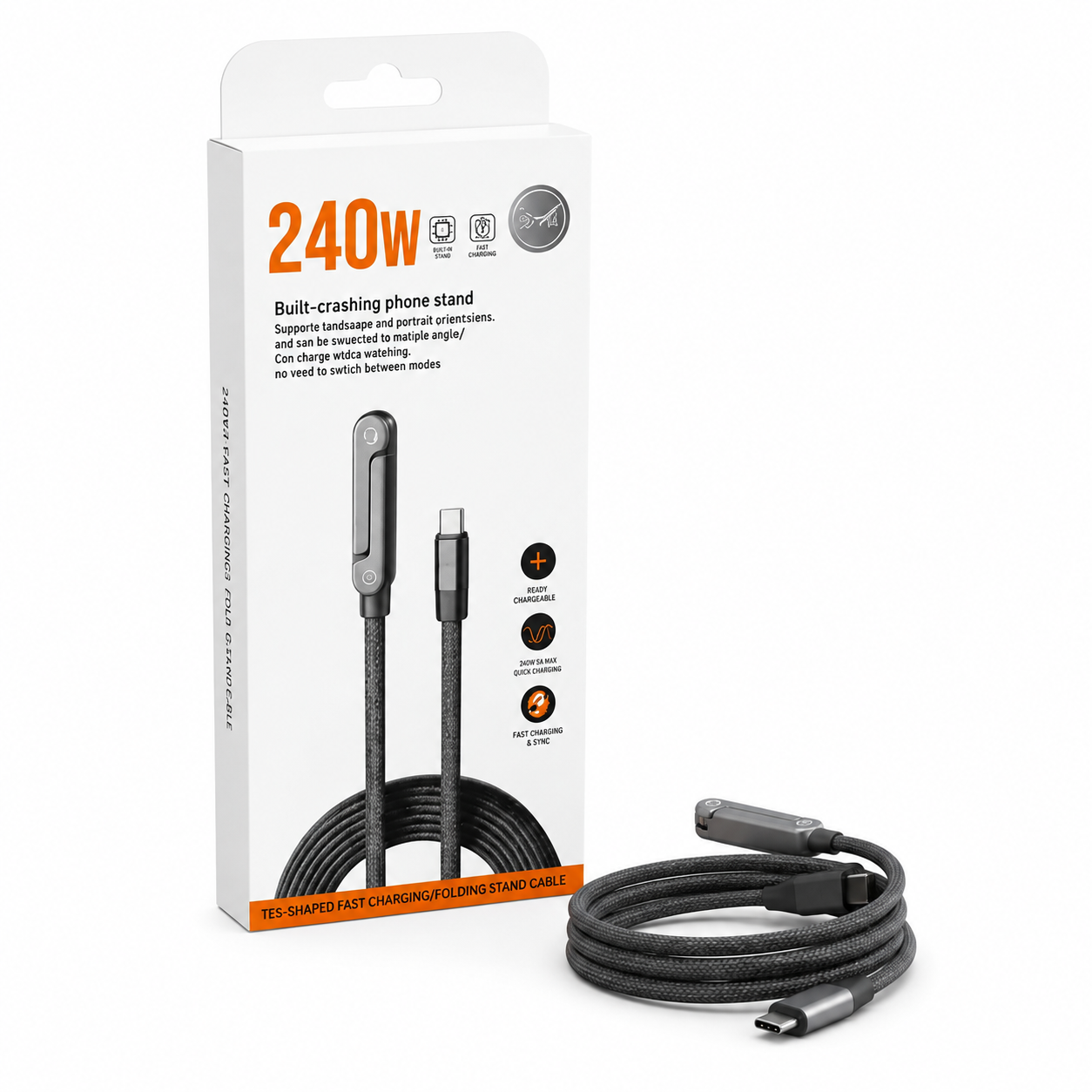 240W 5A Fast Charging & Sync USB-C to USB-C Cable – Braided Cord with Built-in Folding Phone Stand for Landscape & Portrait Viewing_img_2