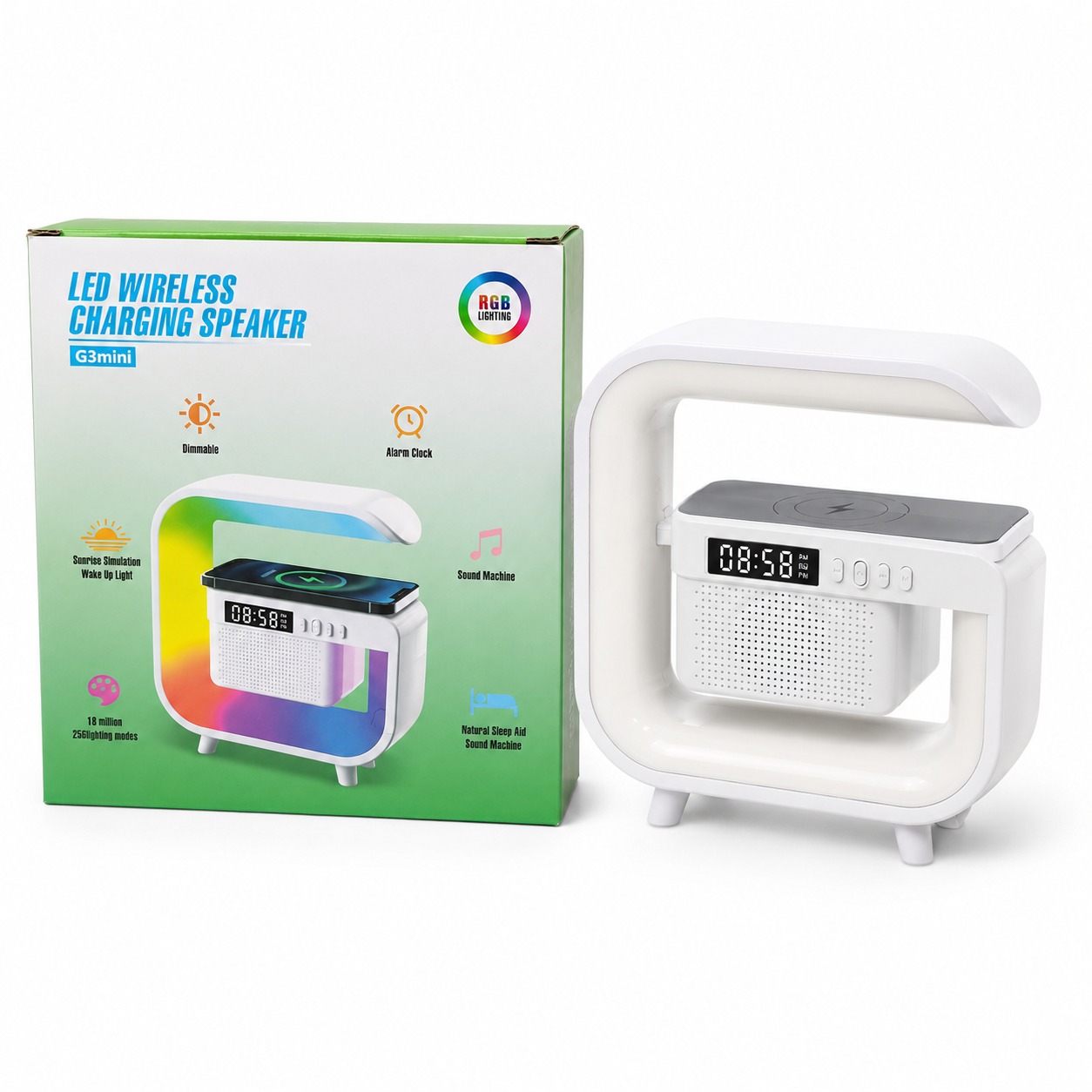 G3 Mini Smart Light Bluetooth Speaker – Multifunctional RGB Night Light with Wireless Charger, Digital Alarm Clock, Sunrise Simulation & Natural Sleep Sound Machine_img_3