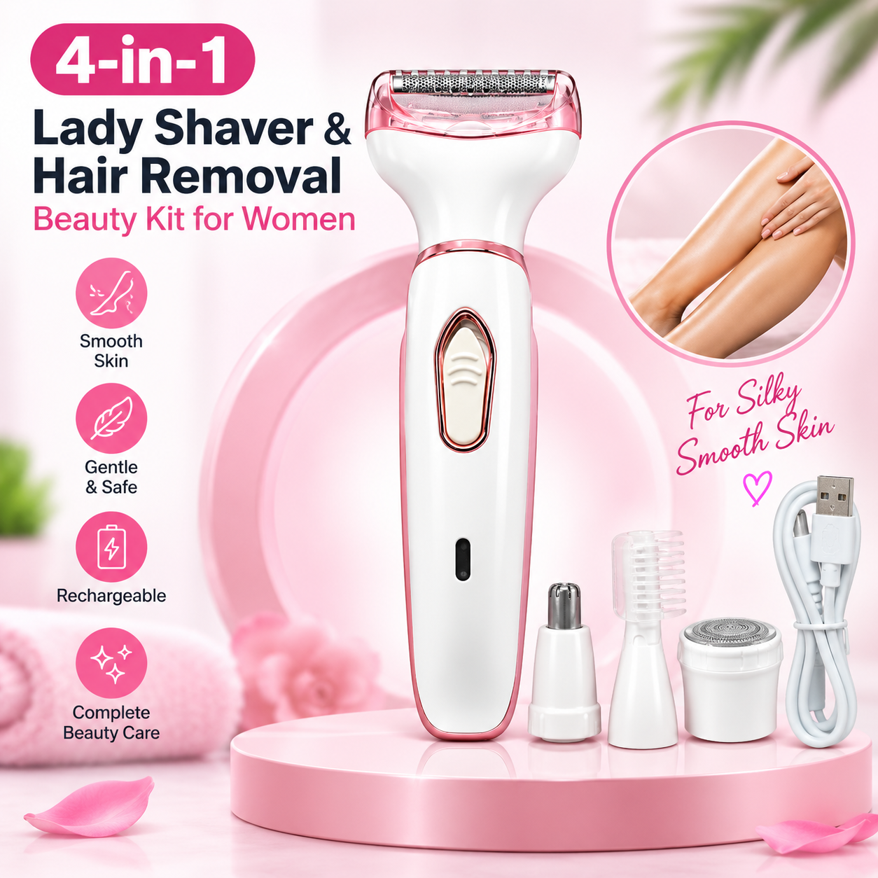 4-in-1 Rechargeable Lady Shaver & Hair Removal Beauty Kit – Painless Electric Razor, Eyebrow, Nose & Body Hair Trimmer with USB Charging & Portable Rose Gold Design_img_1