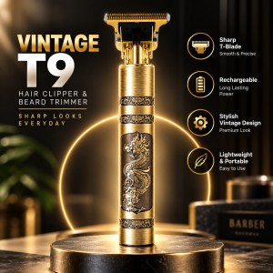 Rechargeable Vintage T9 Hair Clipper & Beard Trimmer – Cordless Stainless Steel Men’s Grooming Kit with USB Charging, 360-Degree Close Shave & 120-Min Battery Life_img_0