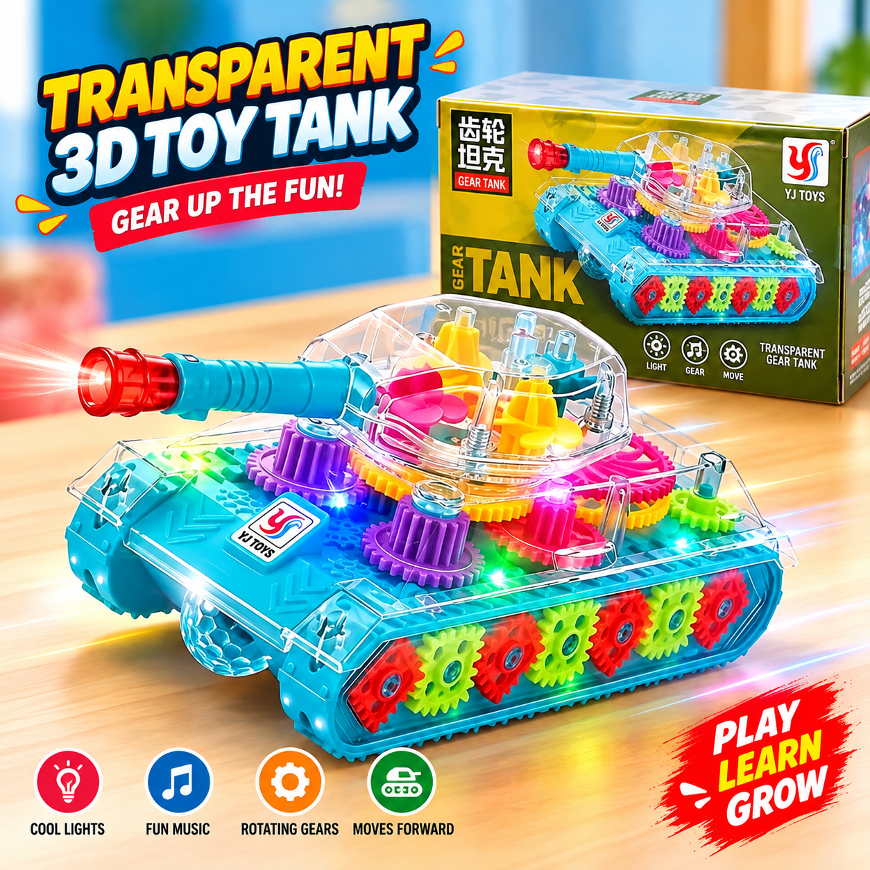 Transparent 3D Gear Toy Tank for Kids – Electric Mechanical Transparent Tank with Colorful Flashing Lights & Dynamic Sound Effects, Safe & Interactive Educational Toy Gift_img_1