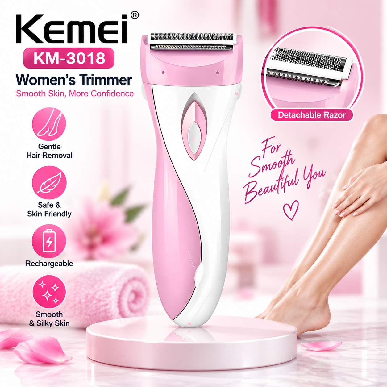 Kemei KM-3018 Women’s Cordless Electric Shaver & Hair Remover – Hypoallergenic Foil Triple Blade, Swing Head & Ergonomic Design for Safe Body Grooming_img_1