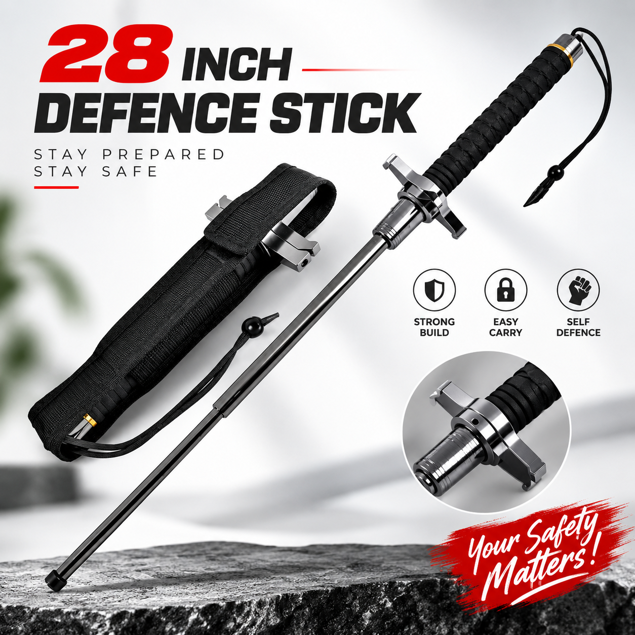 28 Inch Expandable Defence Stick – Heavy Duty Hardened Steel Tactical Baton with Glass Breaker Tip & Anti-Slip Rubber Grip for Personal Safety_img_1