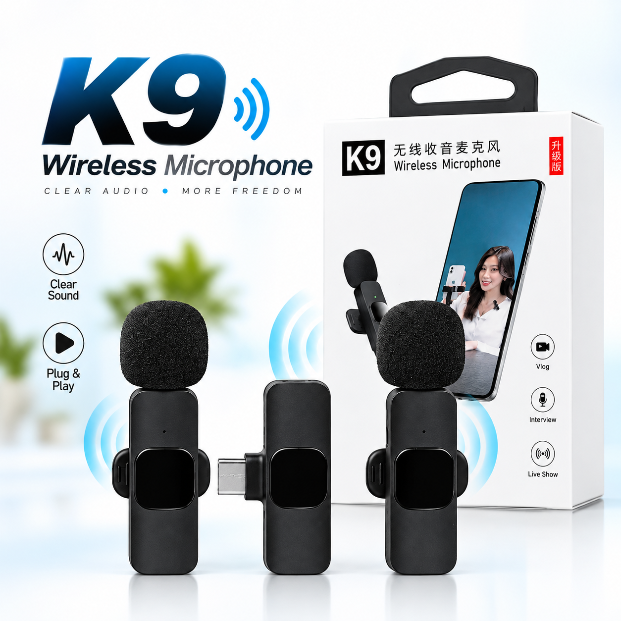 Wireless K9 Lavalier Microphone – 2.4GHz Clip-On Mic with 9ms Ultra-Low Latency, 20M Range, Intelligent Noise Reduction & 10H Battery for Mobile & Camera_img_1