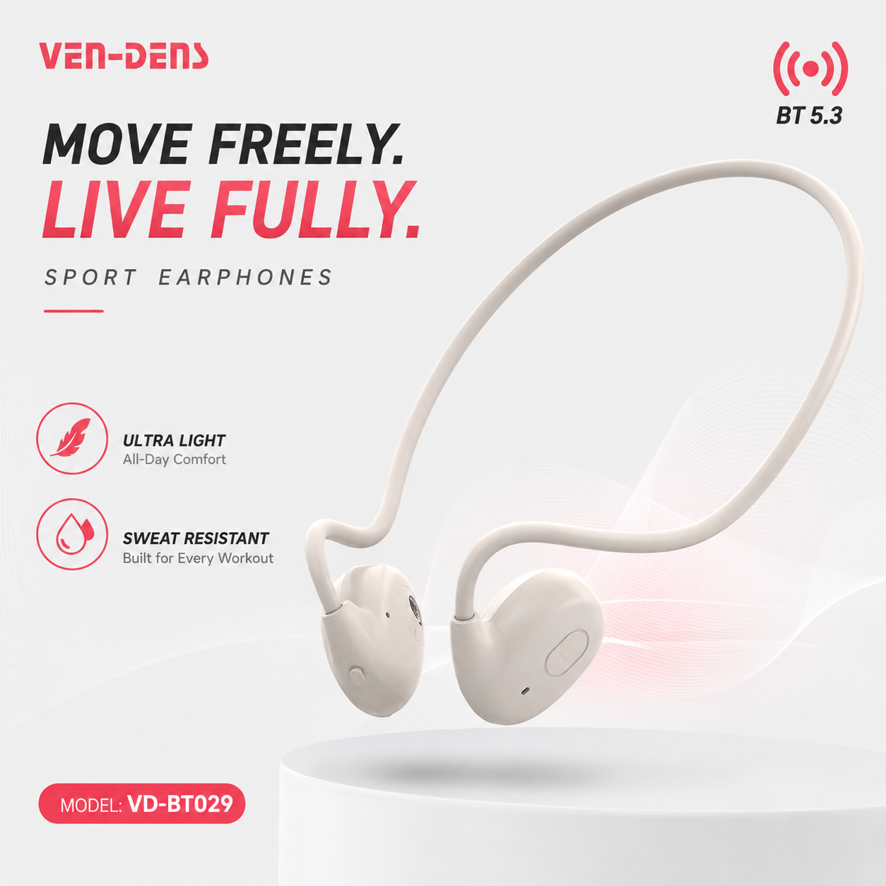 VEN-DENS VD-BT029 Sport Wireless Open-Ear Air-Conduction Earphone – Bluetooth 5.3 Headset with 14.2mm Drivers, 8-Hour Playtime, Touch Control & Secure Ear-Hook Design_img_1